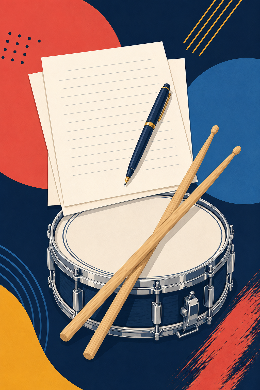 Illustration of writing paper, a pen, drumsticks, and a snare drum